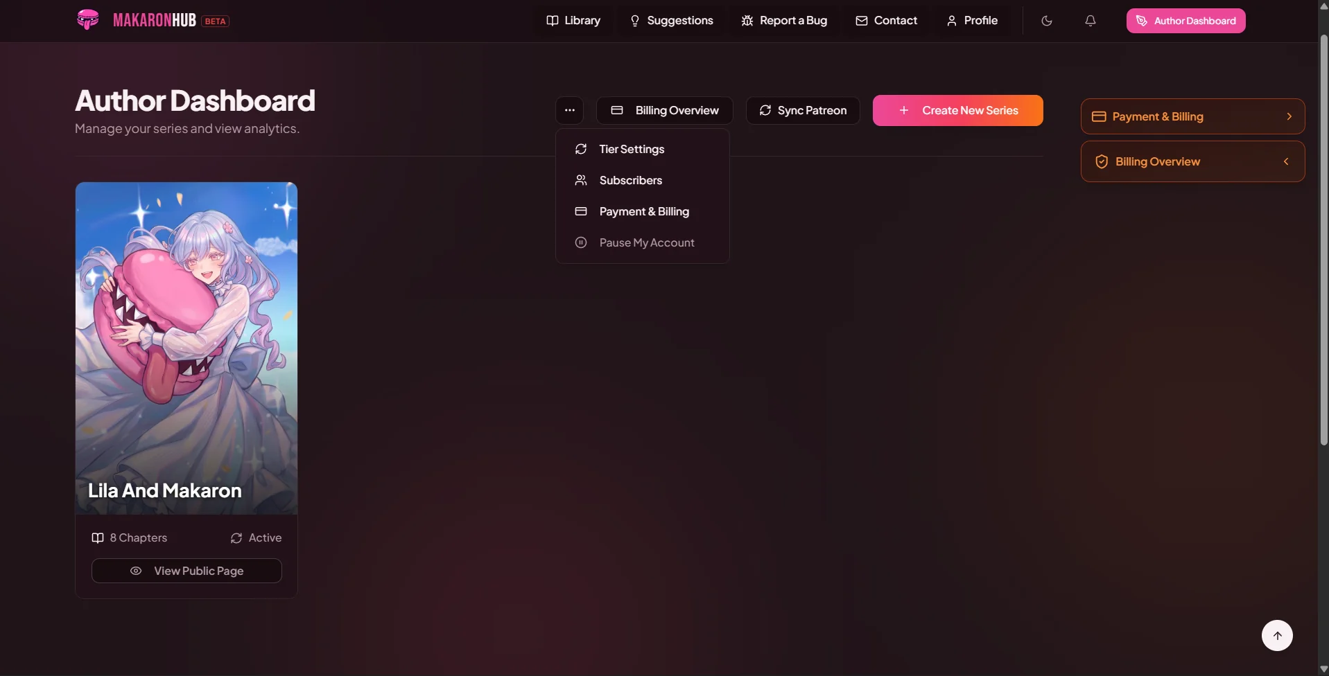 MakaronHub author dashboard on desktop, view 1 of 6